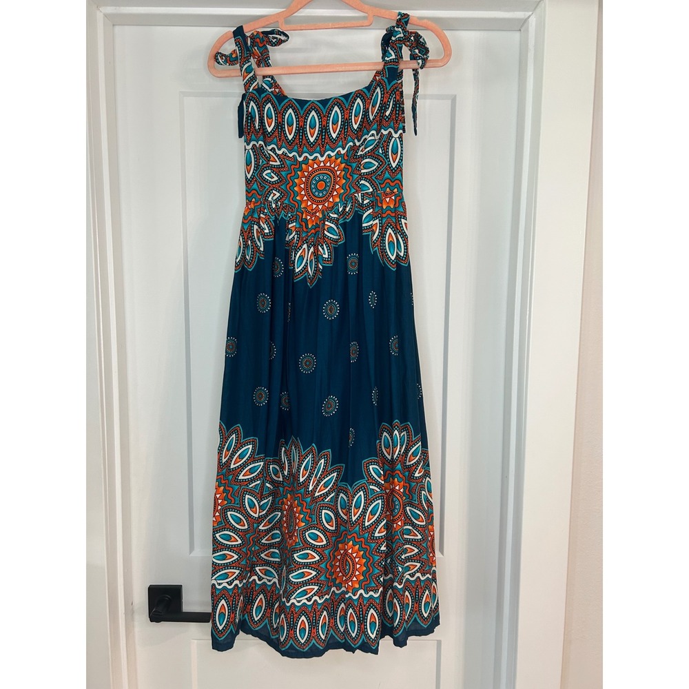 New‎ Sak Saum Boho Mandala Tie Shoulder Smocked Midi Sun Dress Blue Orange Small
